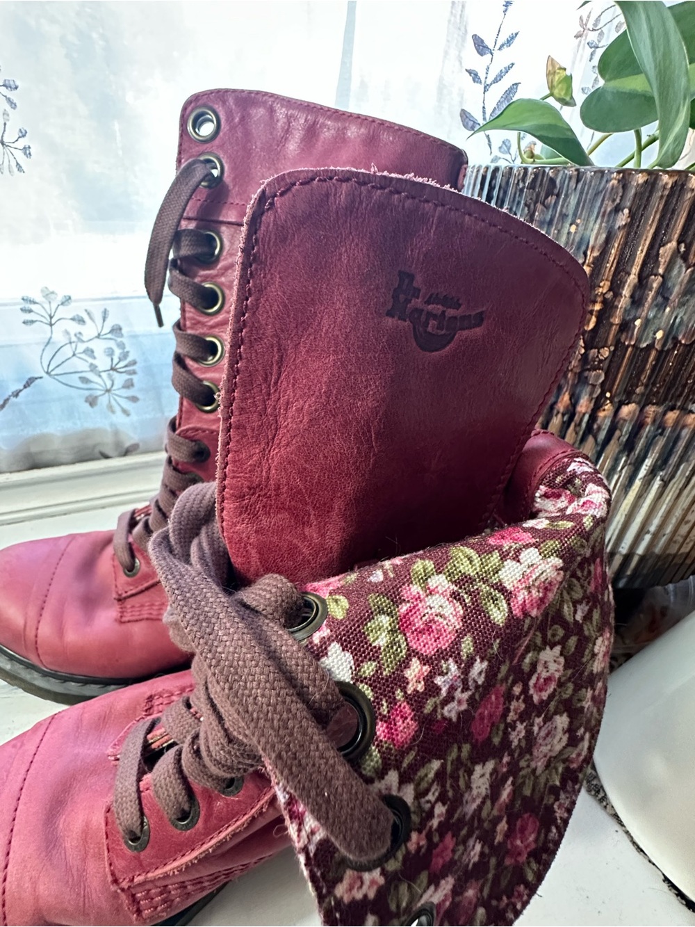Dr. Martens Triumph 1914 Burgundy Leather Lace-Up Boots w/ Floral Fold-down Line